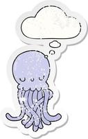 água-viva de desenho animado bonito e balão de pensamento como um adesivo desgastado vetor