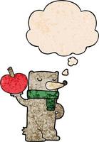 urso de desenho animado com maçã e balão de pensamento no estilo padrão de textura grunge vetor