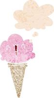 sorvete de desenho animado com rosto e balão de pensamento em estilo retrô texturizado vetor