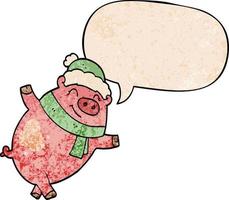 porco dos desenhos animados usando chapéu de natal e bolha de fala no estilo de textura retrô vetor