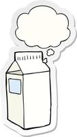 caixa de leite dos desenhos animados e balão de pensamento como um adesivo impresso vetor