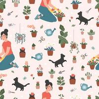 padrão sem emenda de vetor de jardinagem. mulher está plantando flores e plantas em vasos. gatos pretos bonitos dos desenhos animados. ilustração vetorial de primavera.