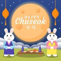 ilustração de coreia chuseok com dois coelhos usaram roupas tradicionais coreia vetor