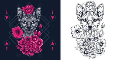 gato com ilustração vetorial de rosas no estilo de cor neon vetor