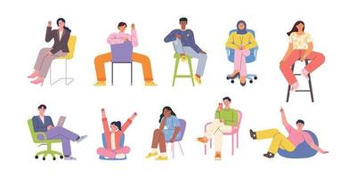 uma coleção de pessoas diferentes, cadeiras diferentes, poses diferentes. ilustração em vetor estilo design plano.