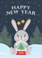 cartão de inverno com um coelho fofo e a inscrição feliz ano novo vetor