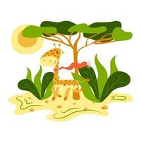 uma girafa fofa em um cachecol caminha na natureza. bela ilustração dos desenhos animados com girafa bonito caminha natureza. ilustração vetorial engraçada. personagem de desenho animado bonito. paisagem da natureza. vetor