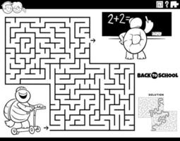 desenho de labirinto com tartaruga andando de scooter para a escola para colorir vetor