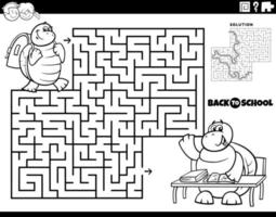 desenho de labirinto com tartaruga de desenho animado indo para a escola para colorir vetor