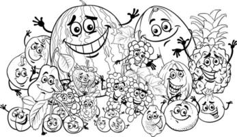 desenho de grupo de personagens de frutas de desenho animado feliz para colorir vetor