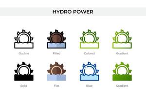 ícone de energia hidrelétrica em estilo diferente. ícones de vetor de energia hidrelétrica projetados em estilo de contorno, sólido, colorido, preenchido, gradiente e plano. símbolo, ilustração do logotipo. ilustração vetorial