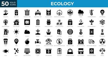 conjunto de 50 ícones da web de ecologia em estilo sólido. reciclagem, biologia, energia renovável. coleção de ícones sólidos. ilustração vetorial vetor