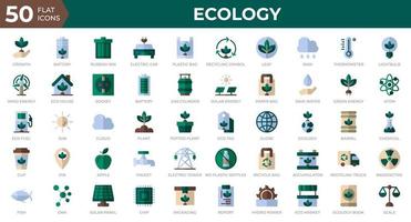 conjunto de 50 ícones da web ecologia em estilo simples. reciclagem, biologia, energia renovável. coleção de ícones plana. ilustração vetorial vetor