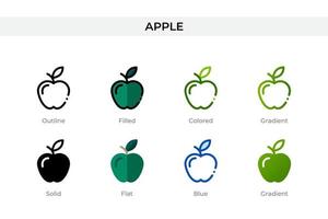 ícone de maçã em estilo diferente. ícones de vetor de maçã projetados em estilo de contorno, sólido, colorido, preenchido, gradiente e plano. símbolo, ilustração do logotipo. ilustração vetorial