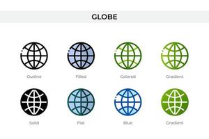ícone do globo em estilo diferente. ícones vetoriais globo projetados em estilo de contorno, sólido, colorido, preenchido, gradiente e plano. símbolo, ilustração do logotipo. ilustração vetorial vetor
