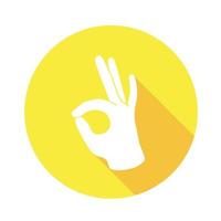 ícone plana de vetor ok. assinar com a mão. símbolo de comunicação. mão branca com gesto em fundo redondo amarelo isolado no branco. botão web. adesivo de humor