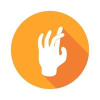 mão de ícone plana de vetor. assinar com a mão. símbolo de comunicação. mão branca com gesto em fundo redondo laranja isolado no branco. botão web. adesivo de humor vetor
