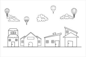 balão de ar, casa e arte de linha de nuvem isolado fundo branco vetor