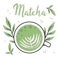 chá matchá. caneca com matcha e folhas de chá verde. ilustração vetorial. chá verde natural. vetor