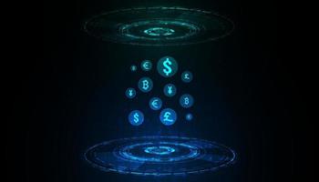 transferência de dinheiro de holograma de círculo digital abstrato defi blockchain financeiro descentralizado, criptomoeda e bitcoin, online, transação de internet futurista.