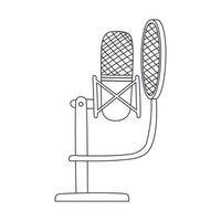 delinear o microfone de estúdio profissional com filtro pop no suporte. equipamento de áudio musical para podcasting, cantando. ilustração vetorial doodle linear isolada no fundo branco. vetor