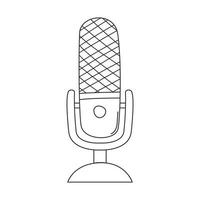 delinear o microfone de estúdio profissional sem fio no suporte. equipamento de áudio musical para podcasting, cantando. ilustração em vetor preto e branco doodle linear isolada no fundo branco.