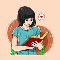 menina lendo livro com ilustração vetorial sorridente pro download vetor