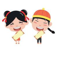 menino e menina chineses segurando um desenho animado de sinal em branco vetor
