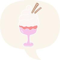 sobremesa de sorvete de desenho animado e bolha de fala em estilo retrô vetor