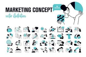 ilustrações de conceito de marketing. conjunto de ilustrações vetoriais de pessoas em várias atividades de marketing empresarial, estratégia, planejamento, publicidade digital, mídia social e comunicação. vetor