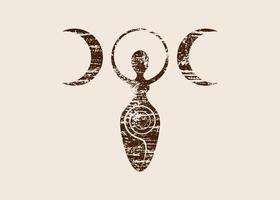 retrô vintage wicca mulher logotipo triplo deusa da lua, espiral de fertilidade, símbolos pagãos, ciclo de vida, morte e renascimento. símbolo da mãe terra wicca de procriação sexual, ícone de tatuagem vetorial isolado vetor