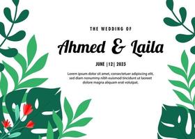 design de cartão de convite de casamento com motivo de folha e flor vetor