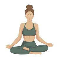 ioga feminina. garota em pose de lótus meditando. ilustração vetorial. vetor