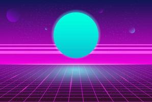 synthwave retrô planeta azul fundo de grade neon fundo de estilo de festa futurista dos anos 80 vetor