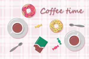 xícara de café, chocolate, doces e donuts. emblema da hora do café. ilustração em vetor plana dos desenhos animados