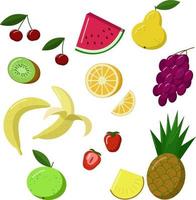 um conjunto de frutas e bagas. suculento colorido e delicioso. estilo de vida saudável. nutrição apropriada. adequado para produtos promocionais, adesivos, produtos infantis. ilustração vetorial de desenho animado