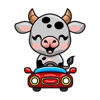 desenho de vaca bebê fofo dirigindo carro vermelho vetor
