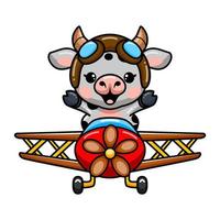 desenho de vaca bebê fofo voando em um avião vetor