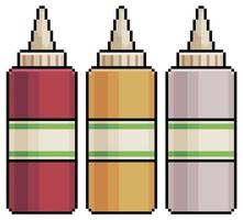 frasco de pixel art de ícone vetorial de ketchup, mostarda e maionese para jogo de 8 bits em fundo branco vetor