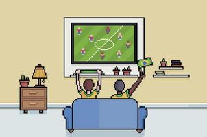 pessoas e fãs de pixel art assistindo futebol na tv da sala. fundo de 8 bits de pessoas assistindo a copa do mundo de futebol vetor