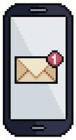 telefone móvel pixel art com ícone vetorial de notificação de e-mail para jogo de 8 bits em fundo branco vetor