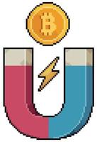 ímã de pixel art atraindo ícone de vetor bitcoin para jogo de 8 bits em fundo branco