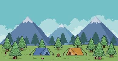 pixel art camping paisagem com tenda, fogueira, pinheiros e montanhas fundo de 8 bits vetor