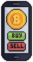 pixel art compre bitcoin pelo ícone de vetor móvel para jogo de 8 bits em fundo branco