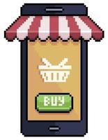 smartphone pixel art com toldo de loja. compre no ícone vetorial da loja online para o jogo de 8 bits em fundo branco vetor