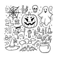conjunto de doodle de halloween, cartão quadrado preto e branco vetor