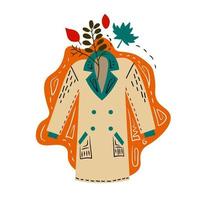 ilustração vetorial de doodle de casaco de outono aconchegante com folhas vetor