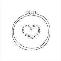 ilustração vetorial em estilo doodle. bastidor redondo de padrão simples. coração em ponto cruz. hobby, bordado, bordado. logotipo, ícone vetor