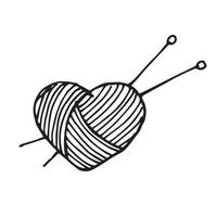 mão de ilustração estoque desenho em estilo doodle. novelo de lã em forma de coração. amor por tricô, ícone artesanal, hobby. vetor
