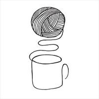 ilustração vetorial em estilo doodle. logotipo de tricô minimalista. um novelo de lã e uma caneca com uma bebida quente. símbolo do outono, inverno, crochê aconchegante, tricô. logotipo feito à mão, bordado. vetor